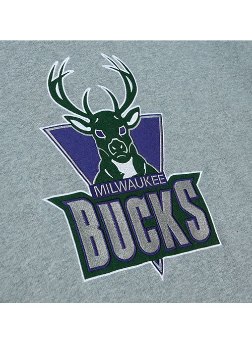 Mitchell & Ness HWC '93 Milwaukee Bucks Short Sleeve Hooded Sweatshirt in Grey and Green - Zoom View Logo