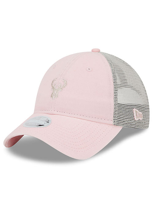 Women's New Era 9Twenty Micro Milwaukee Bucks Adjustable Hat In Pink & Grey - Angled Left Side View