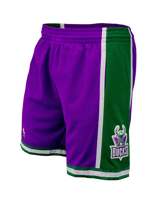Mitchell & Ness Hardwood Classics 2000 Milwaukee Bucks Swingman Shorts In Purple and Green - Left Side View