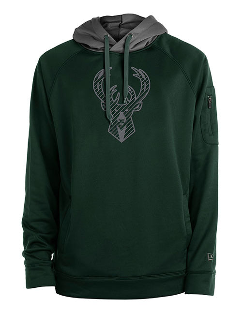 New Era Tech Fleece Tonal Icon Green Milwaukee Bucks Hooded Sweatshirt in Green and Grey - Front View