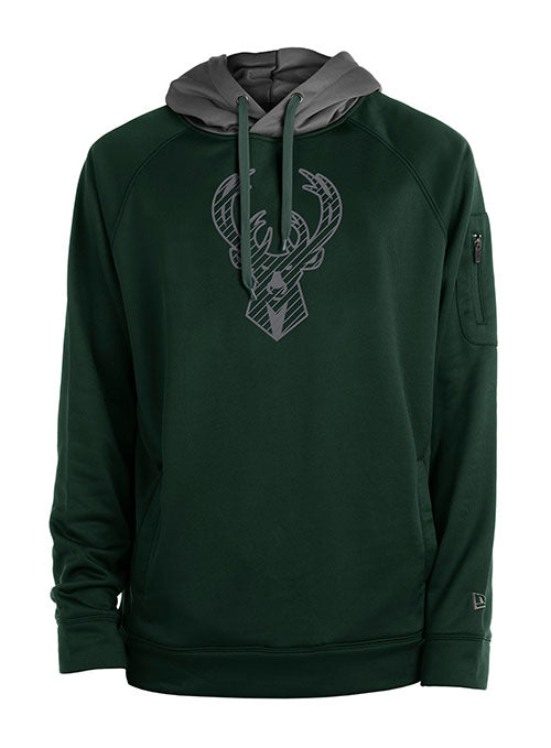 New Era Tech Fleece Tonal Icon Green Milwaukee Bucks Hooded Sweatshirt in Green and Grey - Front View