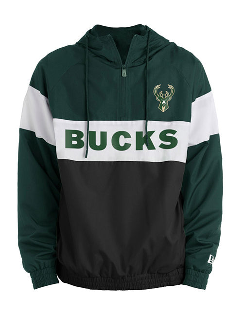 New Era 1/2 Zip Heavy-Word Bar Green Milwaukee Bucks Hoodie In Green, Black & White - Front View