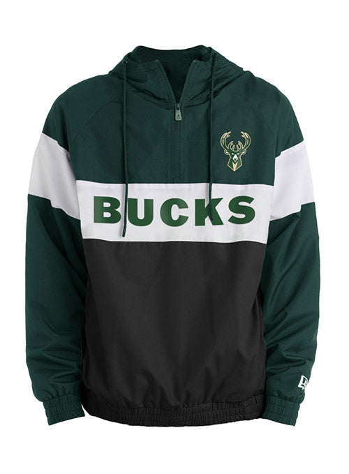 New Era 1/2 Zip Heavy-Word Bar Green Milwaukee Bucks Hoodie In Green, Black & White - Front View
