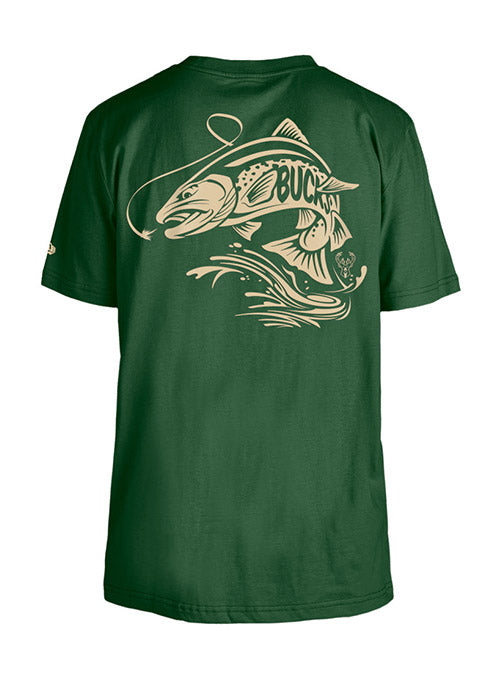 Men's New Era Cap Company Fish n' Hook Green Milwaukee Bucks T-Shirt In Green - Back View