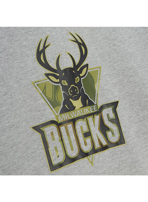 Mitchell & Ness HWC Ghost Camouflage Milwaukee Bucks Hooded Sweatshirt In Grey - Zoom View On Front Graphic