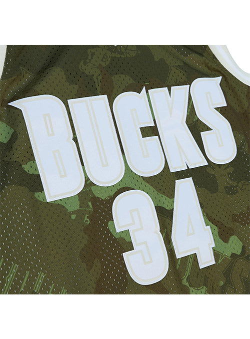 Mitchell & Ness HWC 2000 Ghost Ray Allen Milwaukee Bucks Swingman Jersey In Green Camouflage & White - Zoom View On Front Graphic