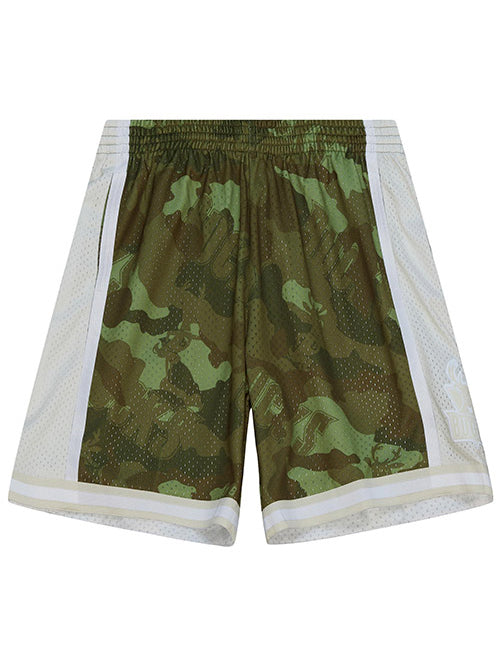 Mitchell & Ness HWC 2000 Ghost Camo Milwaukee Bucks Swingman Shorts In Green & White - Front View