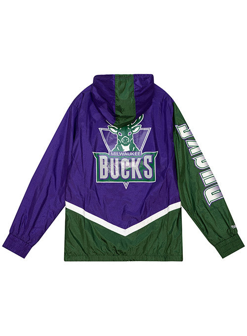 Mitchell & Ness HWC Undeniable Milwaukee Bucks Full Zip Windbreaker Jacket In Purple & Green - Back View