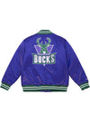 Mitchell & Ness Varsity Heavyweight Milwaukee Bucks Snapfront Jacket In Purple, Green & White - Back View