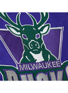 Mitchell & Ness Varsity Heavyweight Milwaukee Bucks Snapfront Jacket In Purple, Green & White - Zoom View On Back Graphic