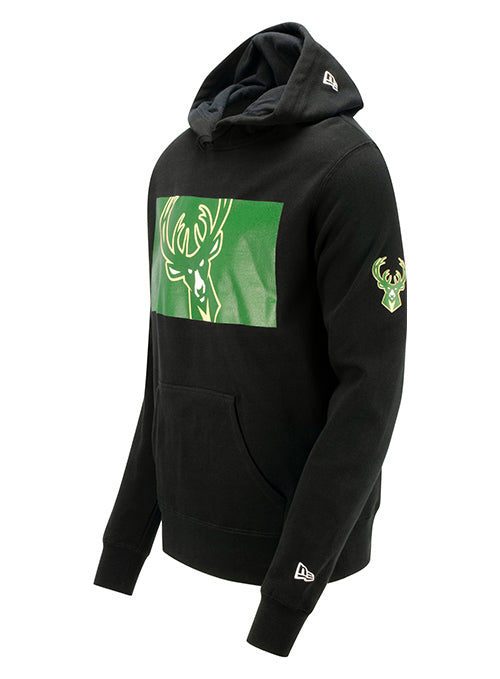 New Era Boxed Icon Black Milwaukee Bucks Hooded Sweatshirt In Black & Green - Left Side View