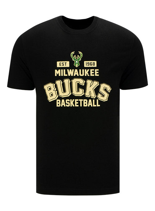 New Era Stone Wordmark Black Milwaukee Bucks T-Shirt In Black - Front View