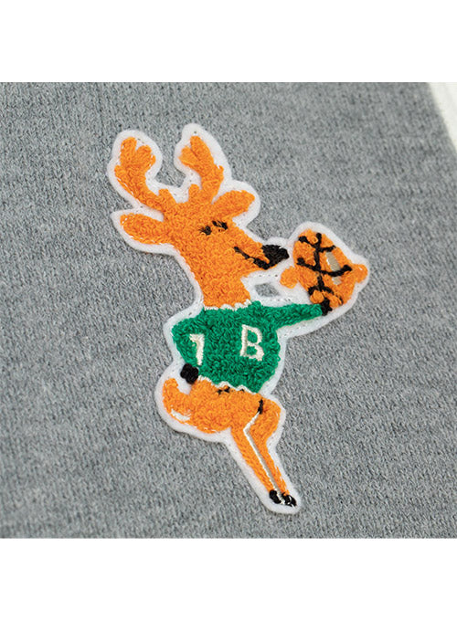 Mitchell & Ness HWC Chenille Milwaukee Bucks Cardigan Sweater In Grey, White & Green - Zoom View On Front Left Chest Graphic