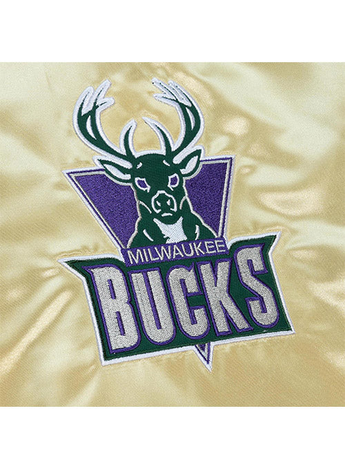Mitchell & Ness HWC '93 Reverse Milwaukee Bucks Lightweight Varsity Jacket In Gold & Purple - Zoom View On Gold Front Logo