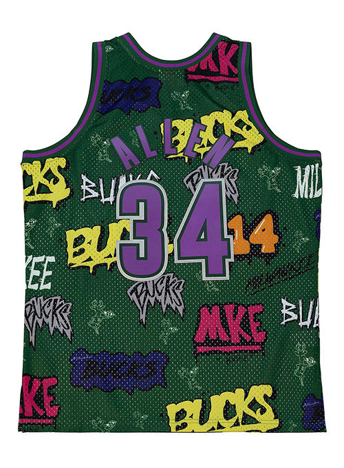 Mitchell & Ness Slap Sticker Ray Allen Milwaukee Bucks Swingman Jersey In Green & Purple - Back View