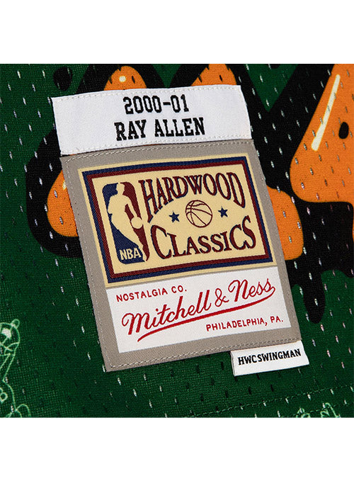 Mitchell & Ness Slap Sticker Ray Allen Milwaukee Bucks Swingman Jersey In Green & Purple - Zoom View On Left Hip Tag