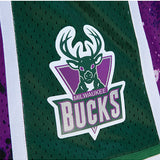 Mitchell & Ness Hyper Hoops Milwaukee Bucks Swingman Shorts In Purple & Green - Zoom View On Leg Graphic
