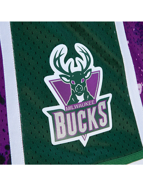 Mitchell & Ness Hyper Hoops Milwaukee Bucks Swingman Shorts In Purple & Green - Zoom View On Leg Graphic