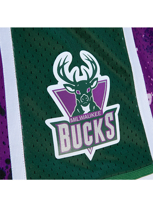 Mitchell & Ness Hyper Hoops Milwaukee Bucks Swingman Shorts In Purple & Green - Zoom View On Leg Graphic