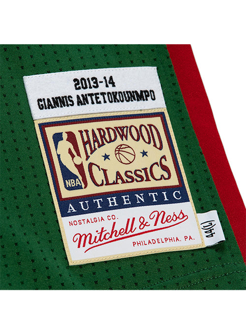 Mitchell & Ness HWC 2013 Giannis Antetokounmpo Milwaukee Bucks Authentic Jersey In Green - Zoom View On Hip Tag