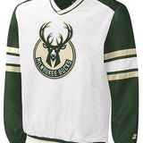 Starter The Recruit Milwaukee Bucks V-Neck Pullover In White, Green & Cream - Front View