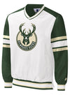 Starter The Recruit Milwaukee Bucks V-Neck Pullover In White, Green & Cream - Front View