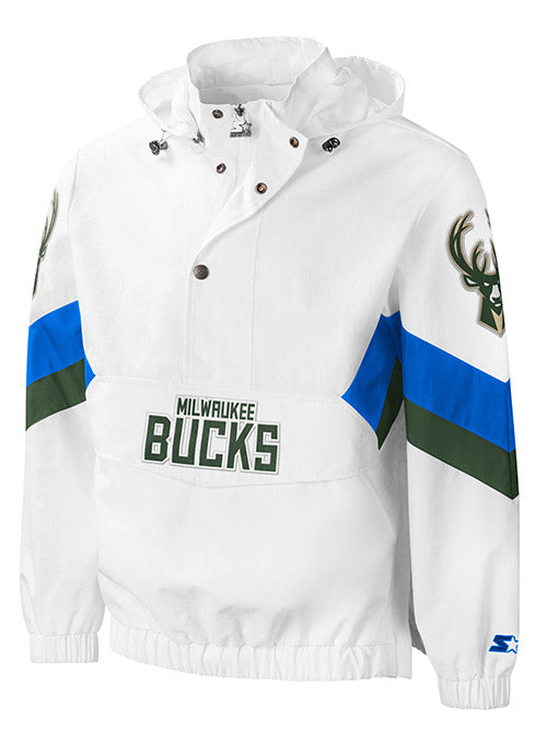 Starter Enforcer Milwaukee Bucks 1/2 Pullover Hooded Jacket In White, Blue & Green - Front View