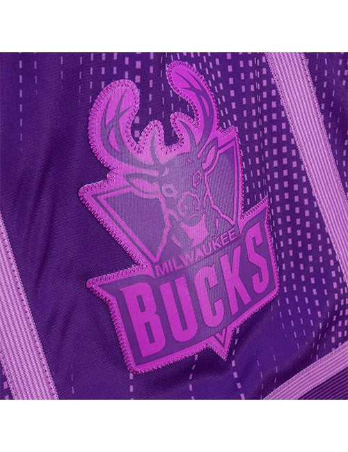 Mitchell & Ness HWC '93 Monochrome Milwaukee Bucks Swingman Shorts In Purple - Zoom View On Left Leg Graphic