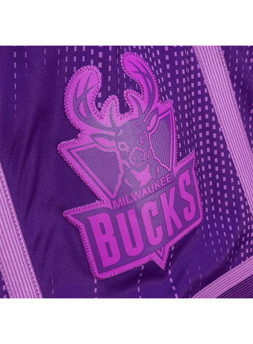Mitchell & Ness HWC '93 Monochrome Milwaukee Bucks Swingman Shorts In Purple - Zoom View On Left Leg Graphic