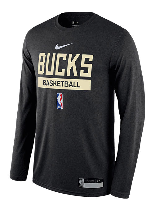 Nike Long-Sleeve Dir-FIT Practice Essential On-Court Black Milwaukee Bucks T-Shirt In Black - Front View