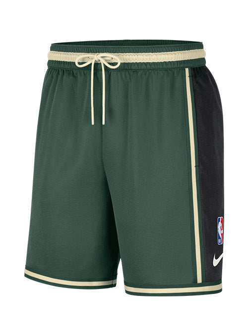 Nike Dri-FIT Pregame On-Court Fir Milwaukee Bucks Shorts In Green, Black & Cream - Front View