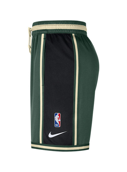 Nike Dri-FIT Pregame On-Court Fir Milwaukee Bucks Shorts In Green, Black & Cream - Left Side View