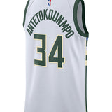 Nike 2022 Association Edition Giannis Antetokounmpo Milwaukee Bucks Swingman Jersey In White - Back View