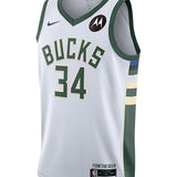 Nike 2022 Association Edition Giannis Antetokounmpo Milwaukee Bucks Swingman Jersey In White - Front View