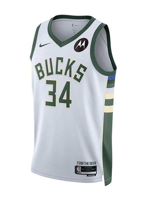 Nike 2022 Association Edition Giannis Antetokounmpo Milwaukee Bucks Swingman Jersey In White - Front View