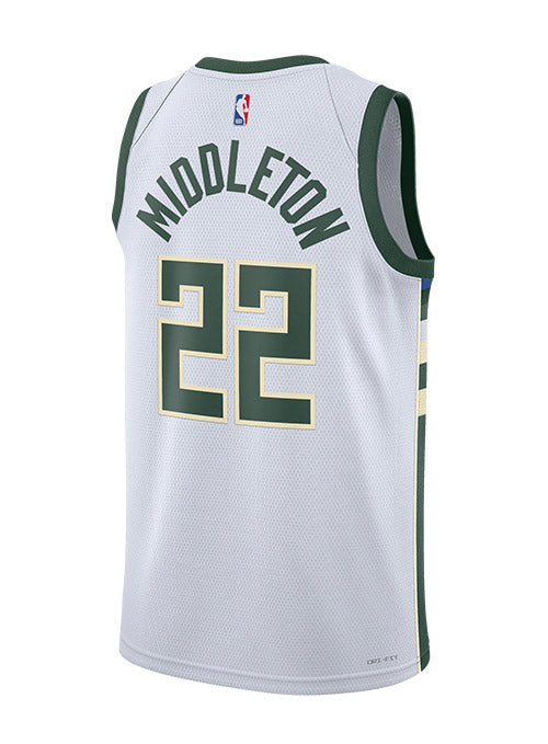 Nike Dri-FIT 2022 Association Edition Khris Middleton Milwaukee Bucks Swingman Jersey In White - Back View