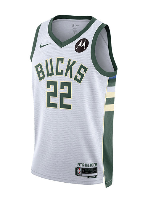 Nike Dri-FIT 2022 Association Edition Khris Middleton Milwaukee Bucks Swingman Jersey In White - Front View