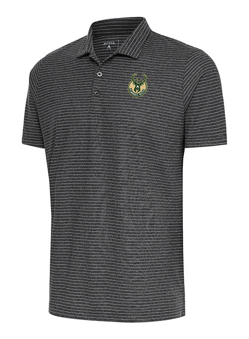 Antigua Esteem Stripes Global Milwaukee Bucks Polo In Grey - Front View