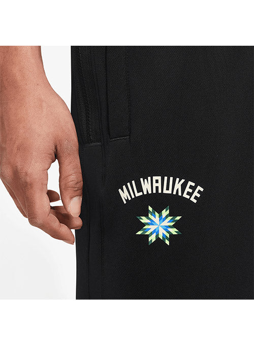 Nike  2022-23 City Edition Dri-FIT Showtime Black Milwaukee Bucks Pants - Zoom View Of Right Leg Graphic On Model