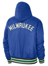 Nike 2022-23 City Edition Courtside Milwaukee Bucks Hooded Snap Front Jacket In Blue, Green & Black - Back View