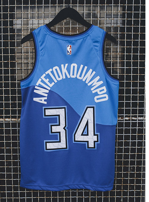 Nike Giannis Antetokounmpo 2020-21 City Milwaukee Bucks Swingman Jersey In Blue - Back View On Hanger