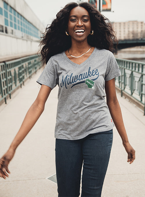 Women's Sportiqe Diana Laurel Grey Milwaukee Bucks T-Shirt - Shirt On Model
