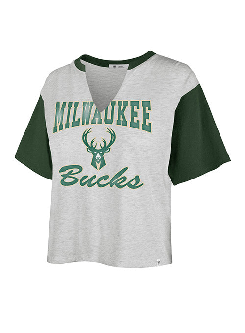 Women's 47 Brand Sandy Daze Dolly Milwaukee Bucks Crop T-Shirt In Grey & Green - Front View