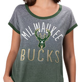 Women's Touch by G-III Touchdown Gradient Milwaukee Bucks T-Shirt In Grey - Front View On Model