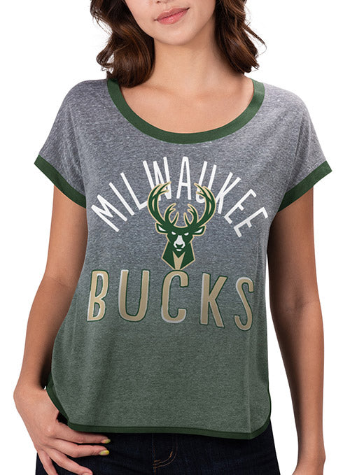 Women's Touch by G-III Touchdown Gradient Milwaukee Bucks T-Shirt In Grey - Front View On Model