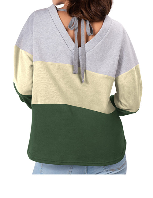 Women's Touch Outfield Colorblock Milwaukee Bucks Crewneck Sweatshirt In Grey, Cream & Green - Back View On Model