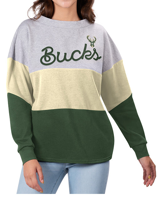Women's Touch Outfield Colorblock Milwaukee Bucks Crewneck Sweatshirt In Grey, Cream & Green - Front View On Model