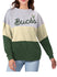 Women's Touch Outfield Colorblock Milwaukee Bucks Crewneck Sweatshirt In Grey, Cream & Green - Front View On Model