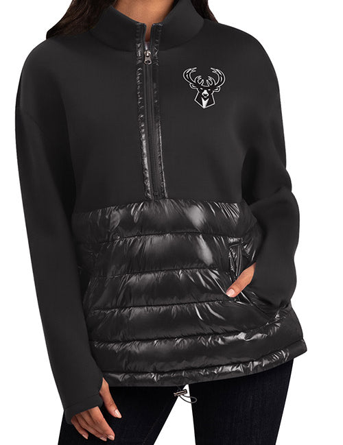 Women's G-III 1/2 Zip Pro Ball Black Milwaukee Bucks Pullover - Front View On Model