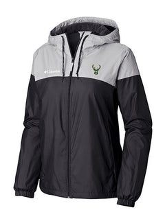 Women's Columbia Flash Forward Milwaukee Bucks Full Zip Windbreaker Jacket In Black & Grey - Front View